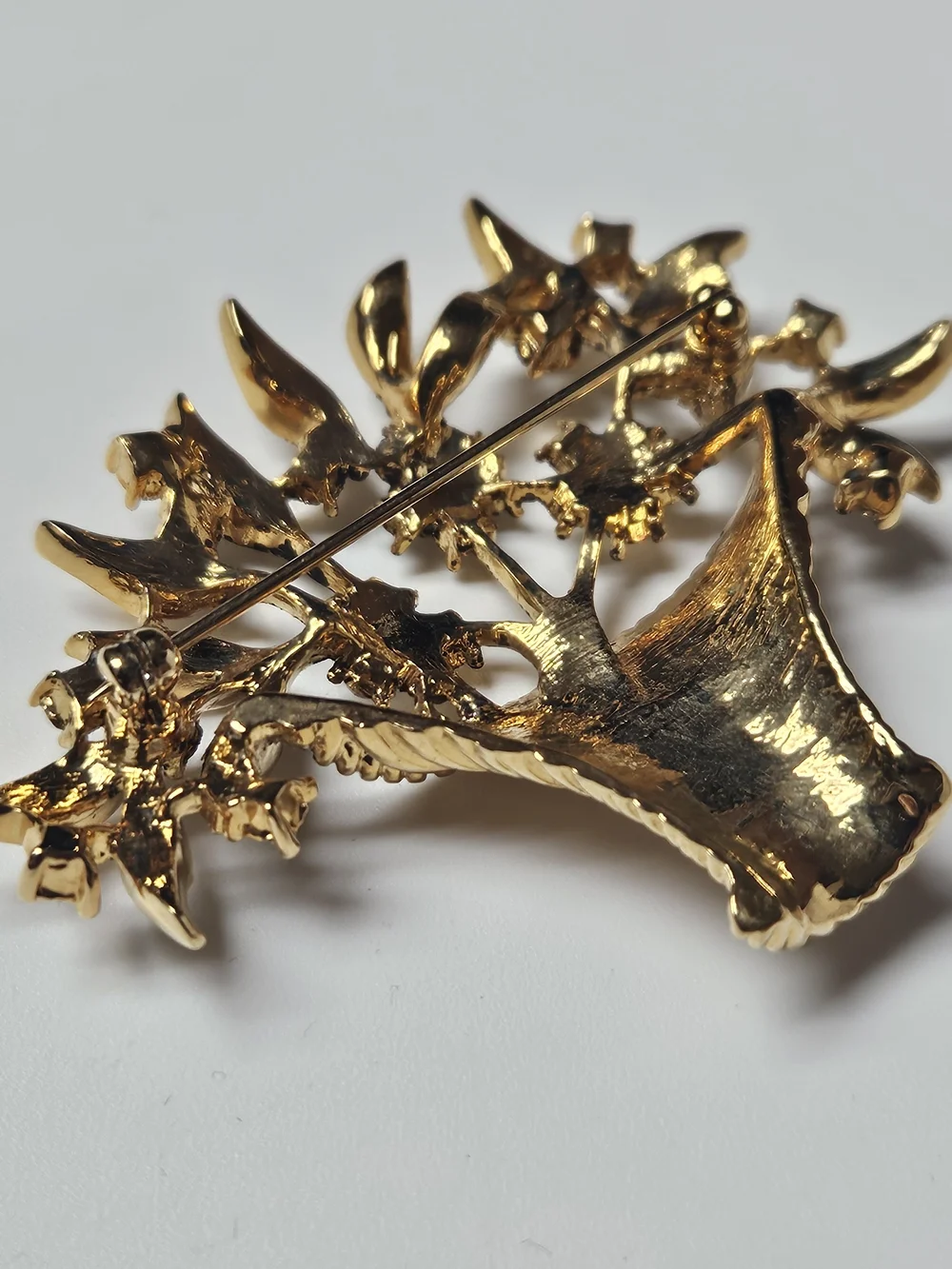 Gold Basket Floral Brooch with Clear Crystals